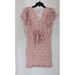 NWT Betsy Boo's Boutique Dress Sz L Floral Mini Tie Front  V-Neck  Coral White